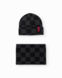 Set de gorro y braga de punto en cuadros negros y grises