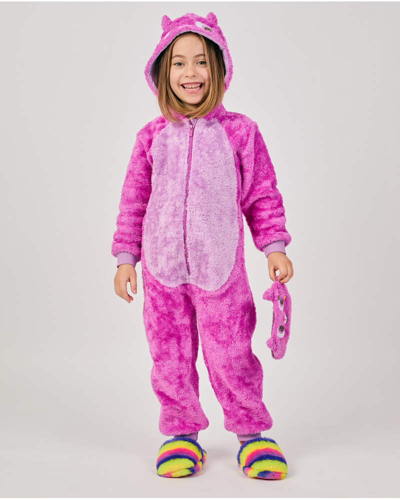 Pijama de niña en fucsia de peluche y capucha divertida