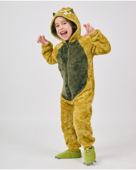 Pijama de niño en felpa mostaza con capucha de monstruo