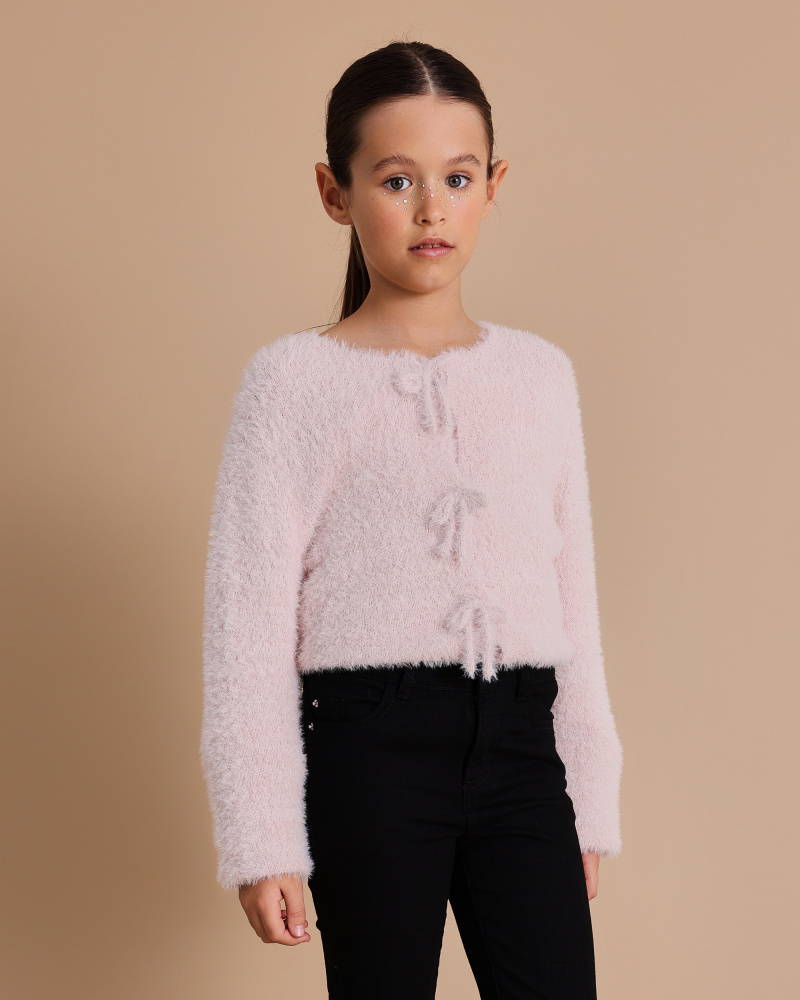 Cárdigan de punto para niña color rosa con lazo decorativo