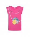 Vestido manga corta fucsia estampado bolso niña