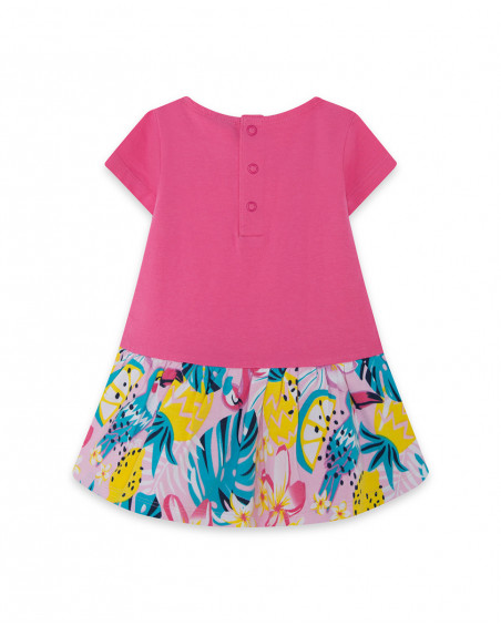 Vestido punto y tul manga corta rosa volantes niña