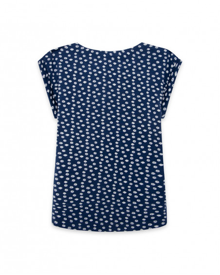 Camiseta manga corta blanca combinada con flores y espalda azul Camiseta manga corta blanca combinada con flores y espalda azul