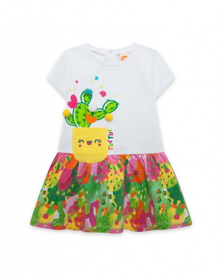 Vestido manga corta blanco y estampado cactus multicolor niña