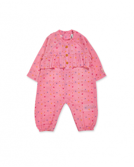 Pelele de plana fantasía, de color rosa con estampado de estrellas y apertura trasera con botones para niña.