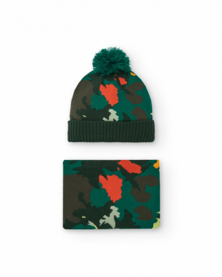 Set de gorro y braga para niño en verde con estampado de Set de gorro y braga para niño en verde con estampado de
