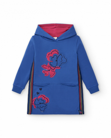 Vestido sudadera azul con capucha y estampado floral para niña