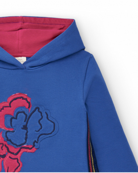 Vestido sudadera azul con capucha y estampado floral para niña