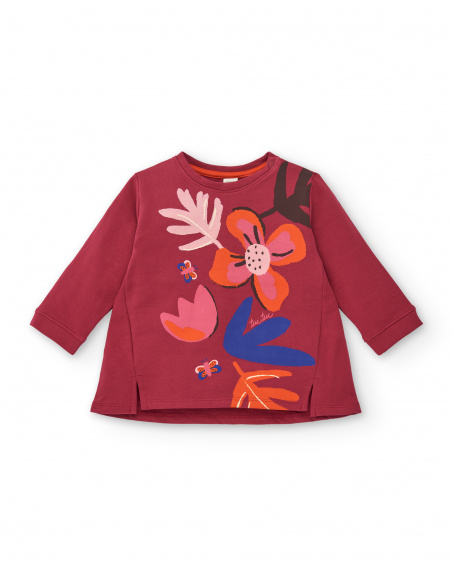 Camiseta de felpa para niña en color burdeos con estampado