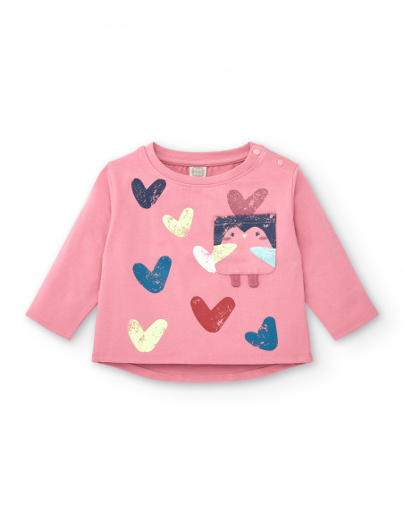 Camiseta rosa con estampado de corazones y pingüino para niña Camiseta rosa con estampado de corazones y pingüino para niña