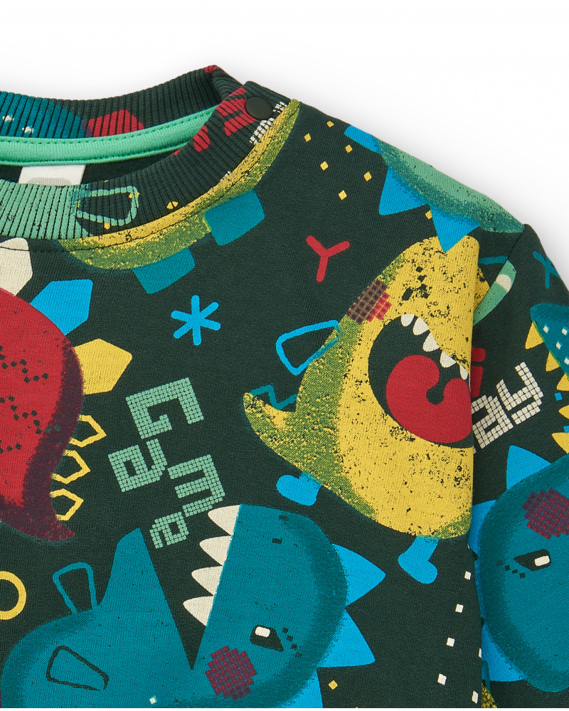 Sudadera para nino con estampado de dinosaurios en tonos verdes coleccion Cyber Dino tuc tuc