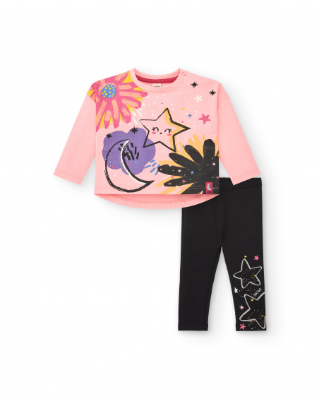 Set de camiseta y leggings de punto para niña en rosa y negro