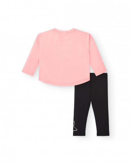 Set de camiseta y leggings de punto para niña en rosa y negro