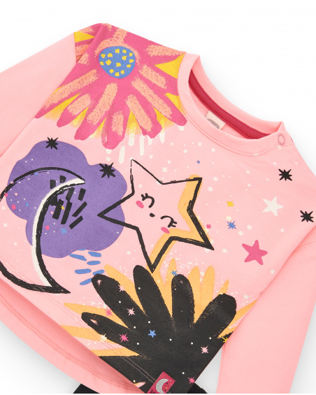 Set de camiseta y leggings de punto para niña en rosa y negro