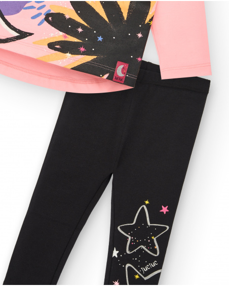 Set de camiseta y leggings de punto para niña en rosa y negro
