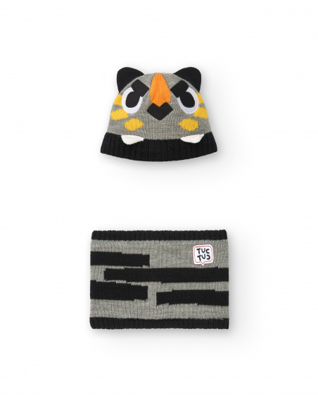 Conjunto de gorro y bufanda niño en gris con diseño de tigre