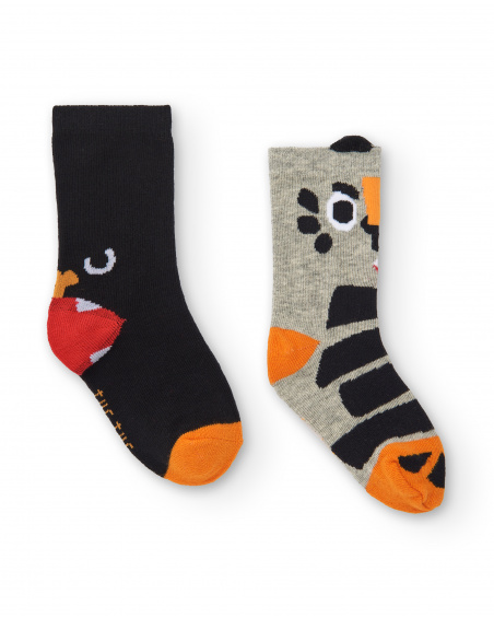 Set de 2 calcetines niño en negro y gris con diseño de tigre Set de 2 calcetines niño en negro y gris con diseño de tigre