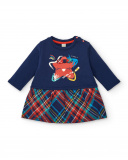 Vestido de felpa para niña en azul marino con estampado y falda Vestido de felpa para niña en azul marino con estampado y falda