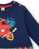 Vestido de felpa para niña en azul marino con estampado y falda Vestido de felpa para niña en azul marino con estampado y falda