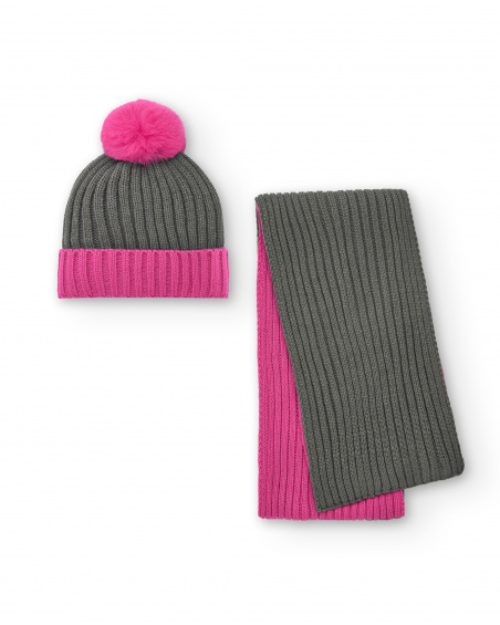 Conjunto de gorro y bufanda en gris y rosa para niña colección