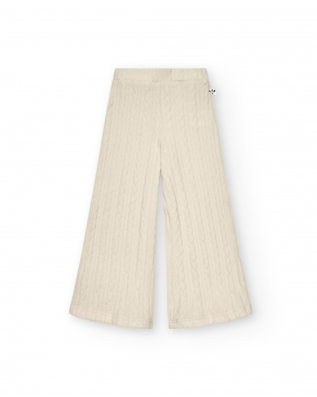 Pantalón acampanado niña en color beige con textura trenzada Pantalón acampanado niña en color beige con textura trenzada