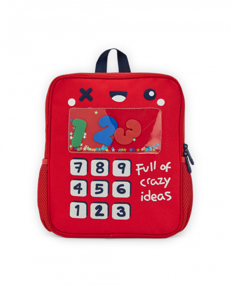 Mochila nino en rojo con diseno de calculadora coleccion Big Brains tuc tuc