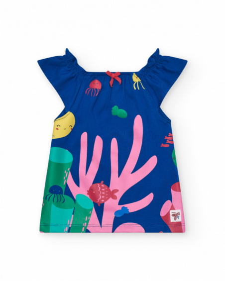 Vestido azul de punto para niña con estampado marino y coral
