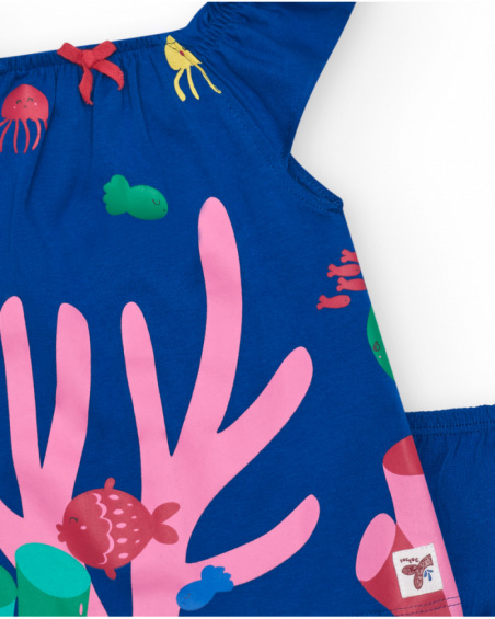 Vestido azul de punto para niña con estampado marino y coral