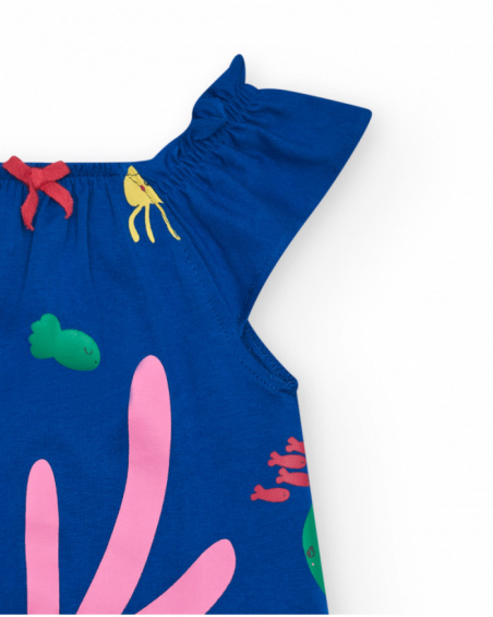 Vestido azul de punto para niña con estampado marino y coral