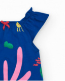 Vestido azul de punto para niña con estampado marino y coral Vestido azul de punto para niña con estampado marino y coral