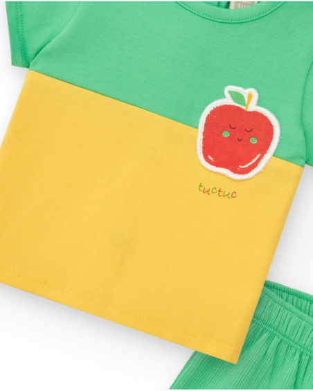 Conjunto para niño en verde y amarillo con camiseta bordada de Conjunto para niño en verde y amarillo con camiseta bordada de