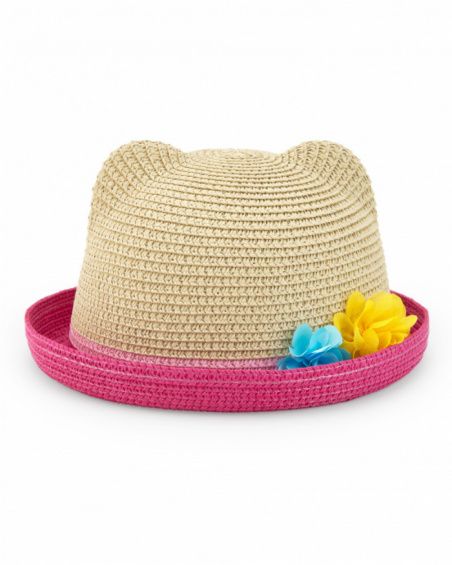Gorro de rafia beige para niña con ribete rosa y orejas Gorro de rafia beige para niña con ribete rosa y orejas