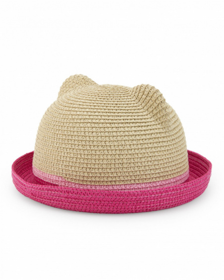 Gorro de rafia beige para niña con ribete rosa y orejas Gorro de rafia beige para niña con ribete rosa y orejas
