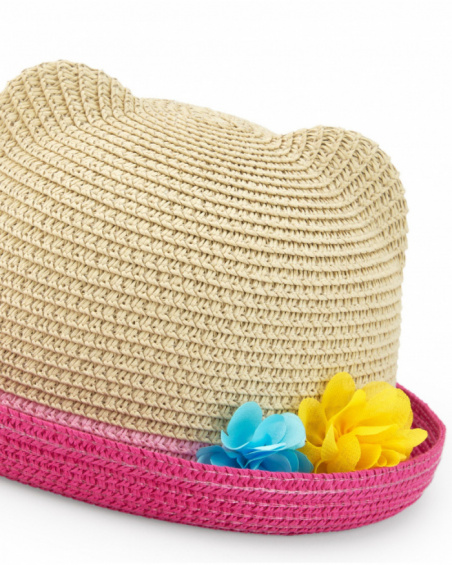 Gorro de rafia beige para niña con ribete rosa y orejas Gorro de rafia beige para niña con ribete rosa y orejas