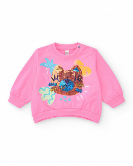 Sudadera rosa de felpa para niña con cuello redondo y puños Sudadera rosa de felpa para niña con cuello redondo y puños