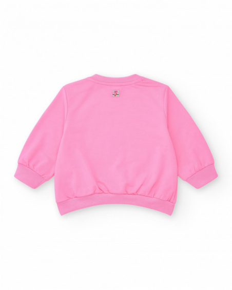 Sudadera rosa de felpa para niña con cuello redondo y puños Sudadera rosa de felpa para niña con cuello redondo y puños