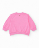 Sudadera rosa de felpa para niña con cuello redondo y puños Sudadera rosa de felpa para niña con cuello redondo y puños