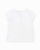 Camiseta blanca para niña con flamenco rosa y cierre trasero Camiseta blanca para niña con flamenco rosa y cierre trasero