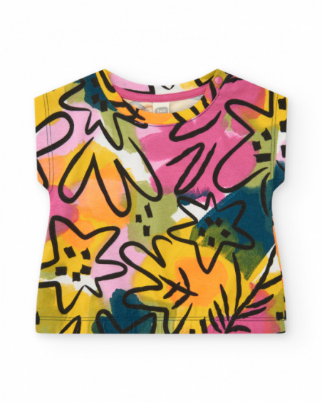 Camiseta para niña en blanco con flores y cierre en el hombro Camiseta para niña en blanco con flores y cierre en el hombro