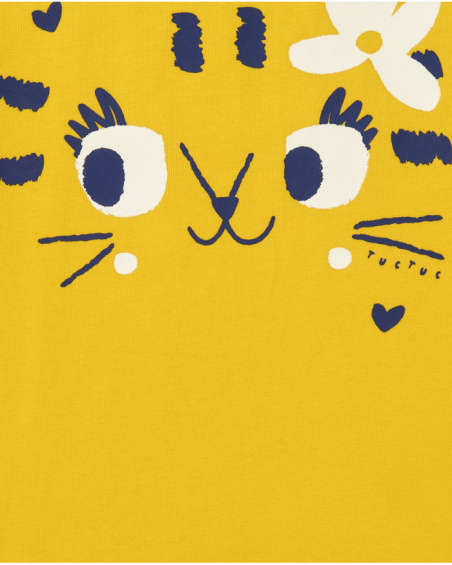 Camiseta para niña en amarillo con gato y flor azul Camiseta para niña en amarillo con gato y flor azul