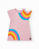 Vestido para niña en rosa con arcoíris y botones en el cuello Vestido para niña en rosa con arcoíris y botones en el cuello