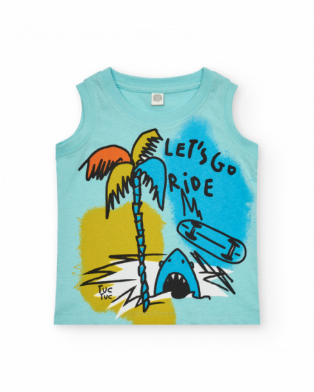 Camiseta sin mangas para niño en azul con palmeras y tiburón Camiseta sin mangas para niño en azul con palmeras y tiburón