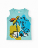 Camiseta sin mangas para niño en azul con palmeras y tiburón Camiseta sin mangas para niño en azul con palmeras y tiburón