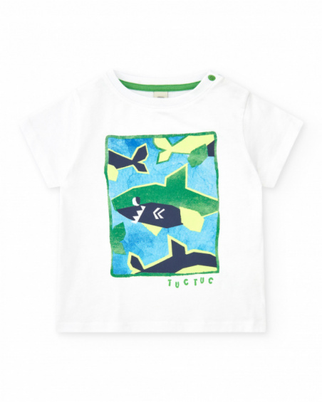 Camiseta para niño en blanco con tiburones en verde y azul