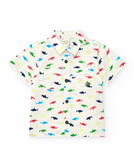 Camisa para niño en blanco con tiburones multicolor Camisa para niño en blanco con tiburones multicolor