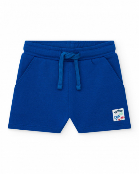 Bermuda para niño en azul con cintura ajustable y parche bordado Bermuda para niño en azul con cintura ajustable y parche bordado