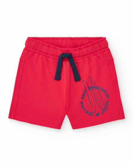 Bermuda para niño en rojo con estampado de tablas y cintura