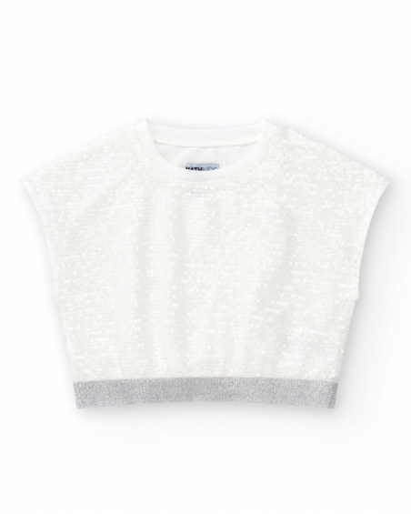 Camiseta para niña en blanco con lentejuelas y bajo elástico