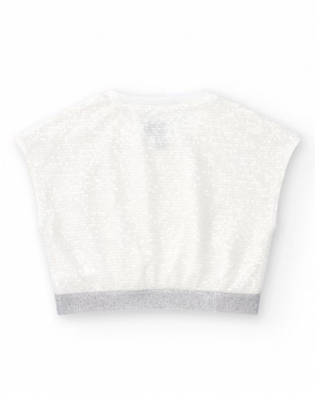 Camiseta para niña en blanco con lentejuelas y bajo elástico