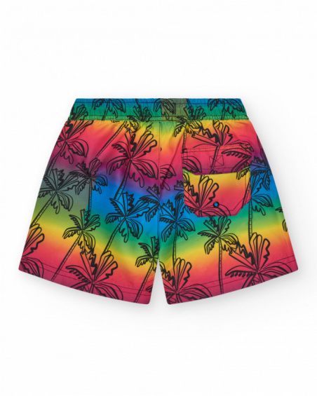 Bañador para niño multicolor con estampado de palmeras y cintura ajustable.